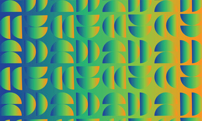 Geometric pattern with blue green and orange color halves and lines creates retro style