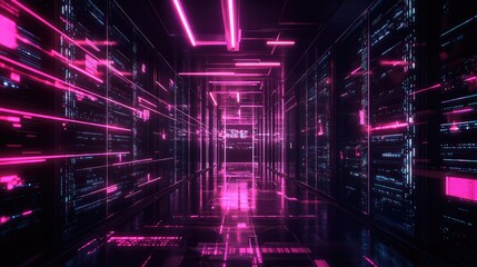 Digital data moving through server room network corridor