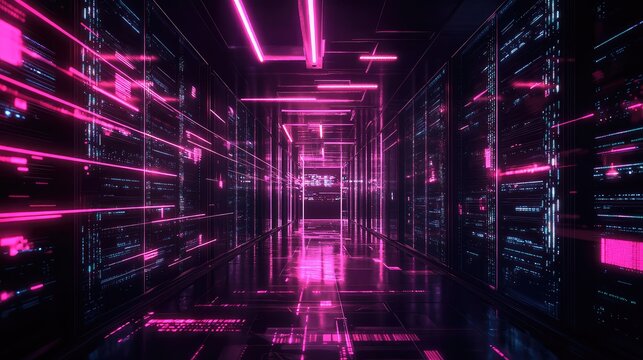 Digital data moving through server room network corridor - Powered by Adobe