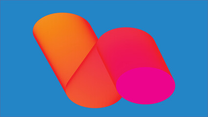 Dynamic orange wavy shape intertwining with a vibrant pink cylinder on a bold blue and red background
