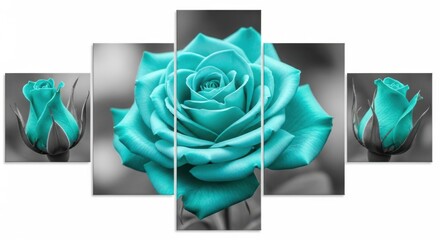 Monochrome background with a vibrant turquoise rose in the center and two rosebuds on the sides isolated on white background