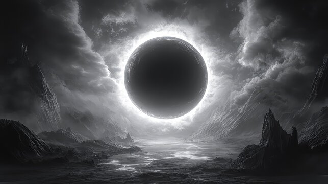 Black and white planetary eclipse over desolate fantasy landscape - Powered by Adobe