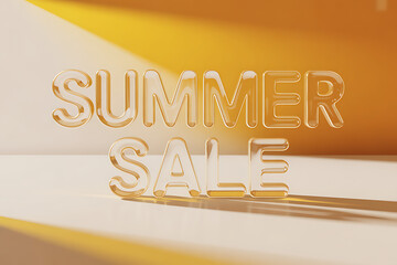 Hot summer sale promotion with golden transparent lettering, modern marketing campaign, seasonal discount offer, promotional banner advertising the summer sales