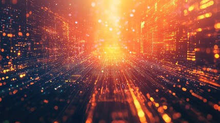 Digital data stream flowing through urban network landscape