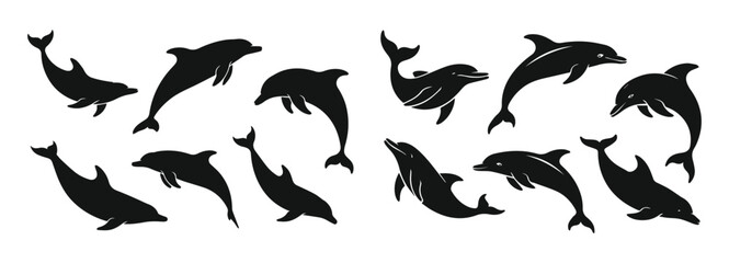 Dolphin silhouette vector set of icons
