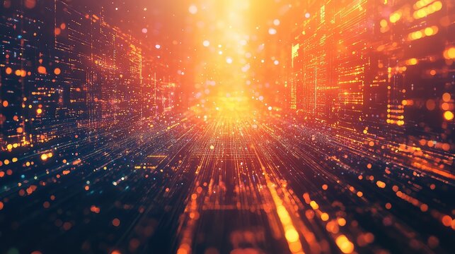 Digital data stream flowing through urban network landscape