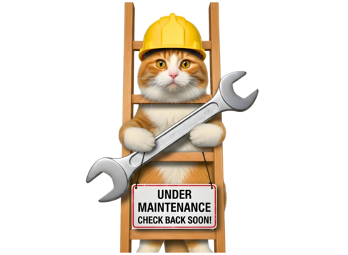 Cat wearing hard hat holding wrench isolated on transparent background