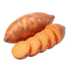 A whole sweet potato and several slices, showcasing the vibrant orange flesh and smooth skin, perfect for healthy eating and culinary creations