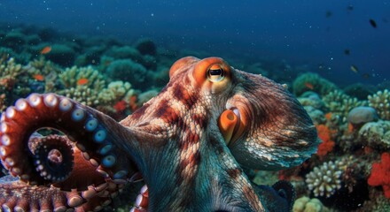 Magnificent Octopus Portrait Reveals the Beauty of Underwater Marine Life with Mesmerizing Details and Vivid Colors on a Coral Reef