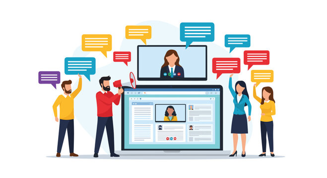 Diverse team collaborates on digital communication, sharing ideas via video calls and social media platforms for dynamic business growth