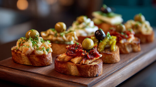 Assorted bruschetta appetizers on a wooden board featuring various toppings and olive garnishes nicely arranged