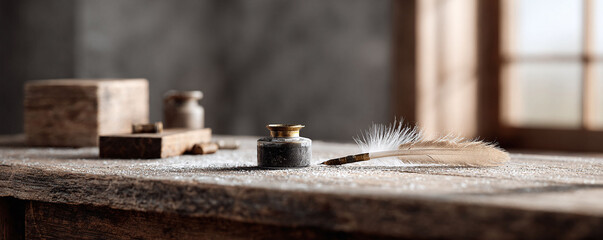 Elegantly styled scene featuring an inkwell and quill on a rustic wood surface. Evokes themes of writing, creativity, history, and nostalgia. Perfect for blogs, books, and design.