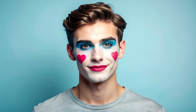 Close-up portrait of a young man with vibrant heart-shaped face paint and bold blue eyeshadow, smiling against a soft blue background