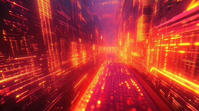 Digital data streaming through futuristic glowing circuit city