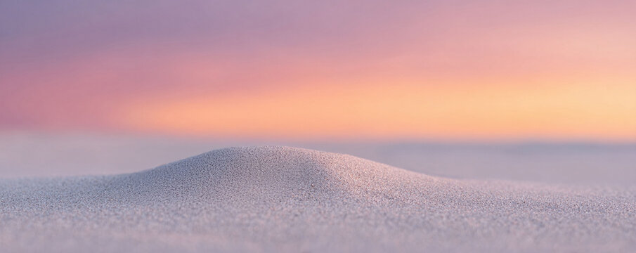 Minimalistic desert scene featuring a small sand dune silhouetted against a soft, pastel sunrise. Serene, peaceful, and visually appealing. Ideal for promoting tranquility or escapism.