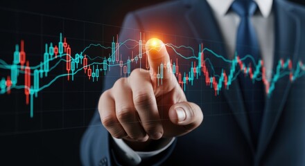 Businessman interacts with virtual stock market chart depicting financial analysis and investment trends with digital interface