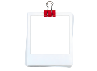 Stack of polaroid photos held by a red binder clip isolated on transparent background
