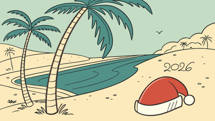 Christmas vacation 2026 tropical beach holiday santa hat palm trees ocean christmas in july getaway cartoon 100 © Husnain