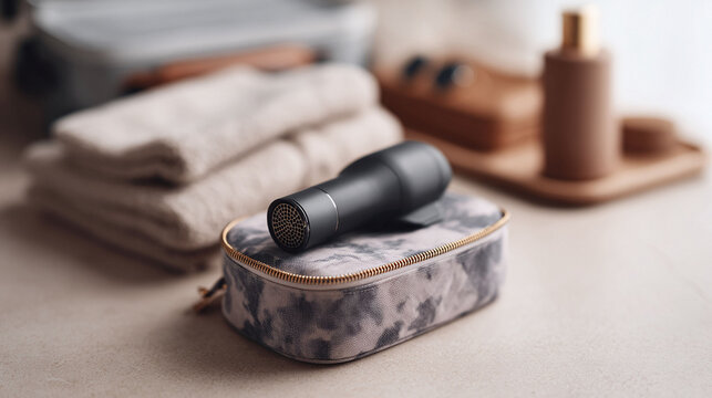 Elegant still life featuring a personal care appliance on a textured pouch. Soft light highlights minimalist design, suggesting beauty, wellness, travel.