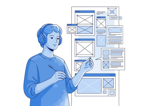 UIUX Designer Creating Website Wireframes with Headphones.