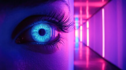 Glowing blue eye in a futuristic neon environment