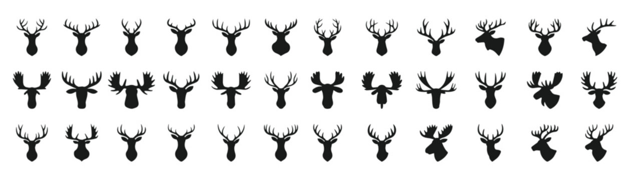 Deer and moose head silhouette vector set