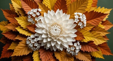 Autumnal floral arrangement with a white dahlia surrounded by colorful leaves and delicate white flowers in a warm color palette