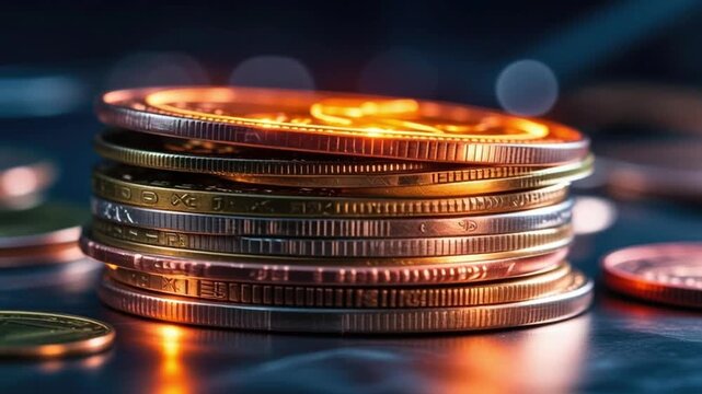 Stack of Metallic Treasure: A captivating close-up showcases a neatly arranged stack of gleaming metallic coins, with each disc representing financial wealth and economic prosperity.