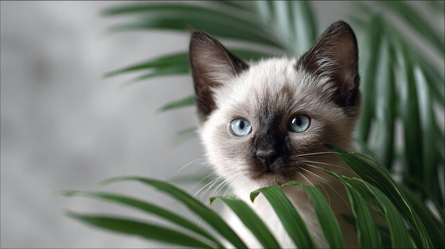 Cute Siamese kitten with striking blue eyes peeks through lush green leaves. Evokes innocence, curiosity, and the beauty of nature. Perfect for petrelated content. - Powered by Adobe