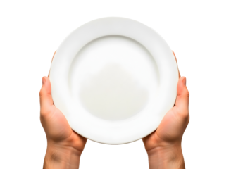 Hands holding a white plate isolated on transparent background