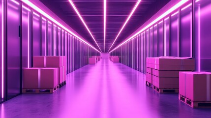 Futuristic warehouse storing parcels on pallets in purple light
