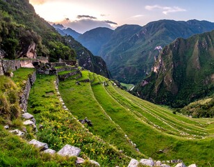 Ancient mountain terraces with lush greenery and stunning scenery