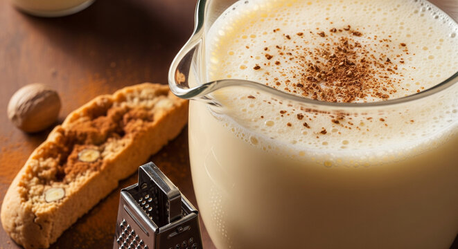 Creamy Homemade Eggnog with Nutmeg and Biscotti on Wood
A close-up shot of rich, foamy homemade eggnog in a glass pitcher or creamer, beautifully topped with freshly grated nutmeg - Powered by Adobe