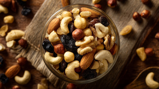 A top view of a glass bowl filled with a mix of nuts and dried fruits on a wooden surface and cloth