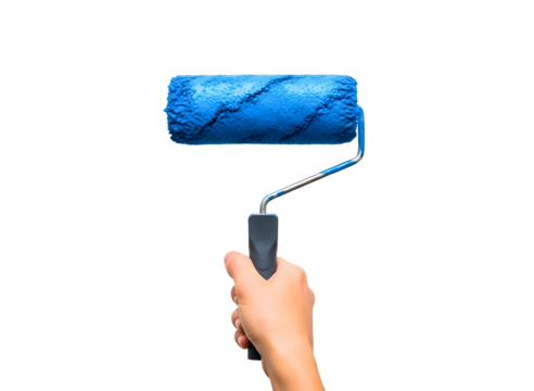 Hand holding a blue paint roller isolated on transparent background