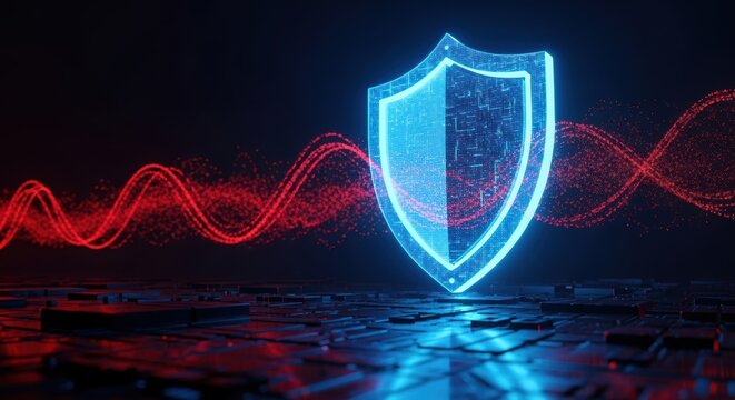 Digital shield protecting network from cyber attack with red waves simulating data breach concept for secure internet connection