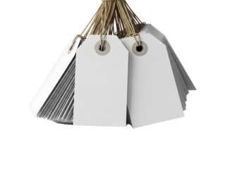 Bunch of blank white paper tags tied with twine isolated on transparent background