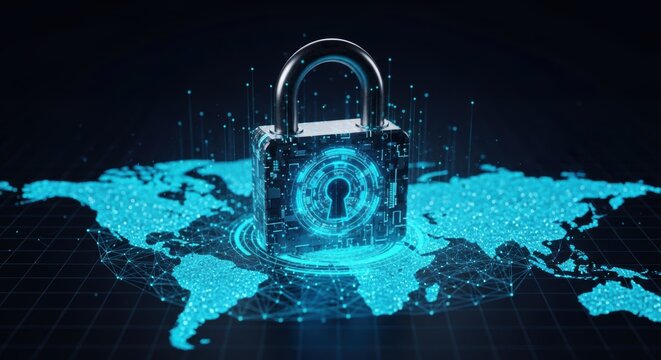 Cybersecurity concept displays a digital padlock protecting a world map connecting network data and ensuring global digital safety