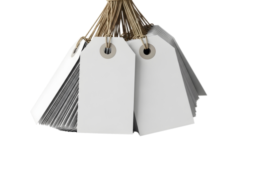 Bunch of blank white paper tags tied with twine isolated on transparent background
