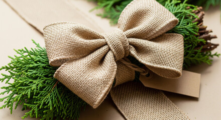 Rustic Burlap Bow and Cedar Greenery on Neutral Background
Close-up detail of a rustic gift wrapping with a large, textured burlap ribbon tied in a perfect bow
