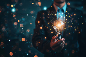 ひらめきを象徴する電球を持つビジネスマン