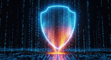Digital shield guarding data with binary code for cybersecurity and network protection representing secure technology