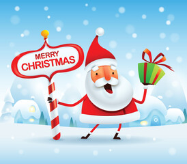 Santa  with Christmas gift and North Pole signboard on snow scene