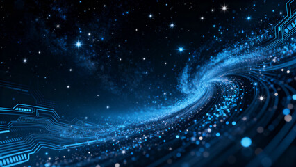 Blue digital data stream in cosmic space