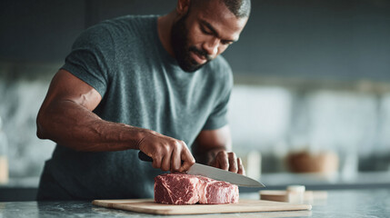 Focused portrait of an athletic man slicing a raw steak in a modern kitchen. Powerful imagery, symbolizing health, wellness, culinary skill, and domestic life.