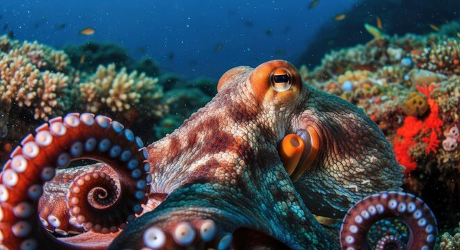 Underwater Marvel: A Captivating Close-Up of an Octopus in a Coral Reef Ecosystem, showcasing the beauty and mystery of the