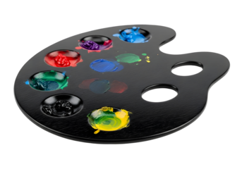 Artist s paint palette with colorful paints isolated on transparent background