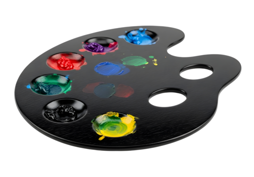 Artist s paint palette with colorful paints isolated on transparent background