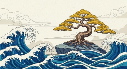 A serene bonsai tree perched atop a rocky outcrop amidst a tempestuous sea with swirling clouds in the background