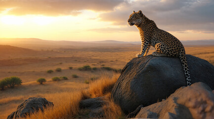 a leopard sits on a rock at sunrise, looking out over the savannah. generative ai